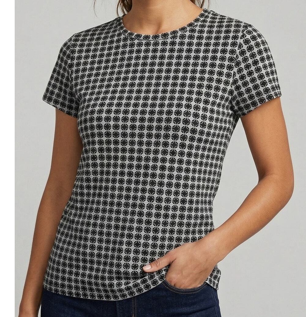 Lands' End Small 6-8 Polyester Spandex Short Sleeve Shirt Gray Geometric Print
